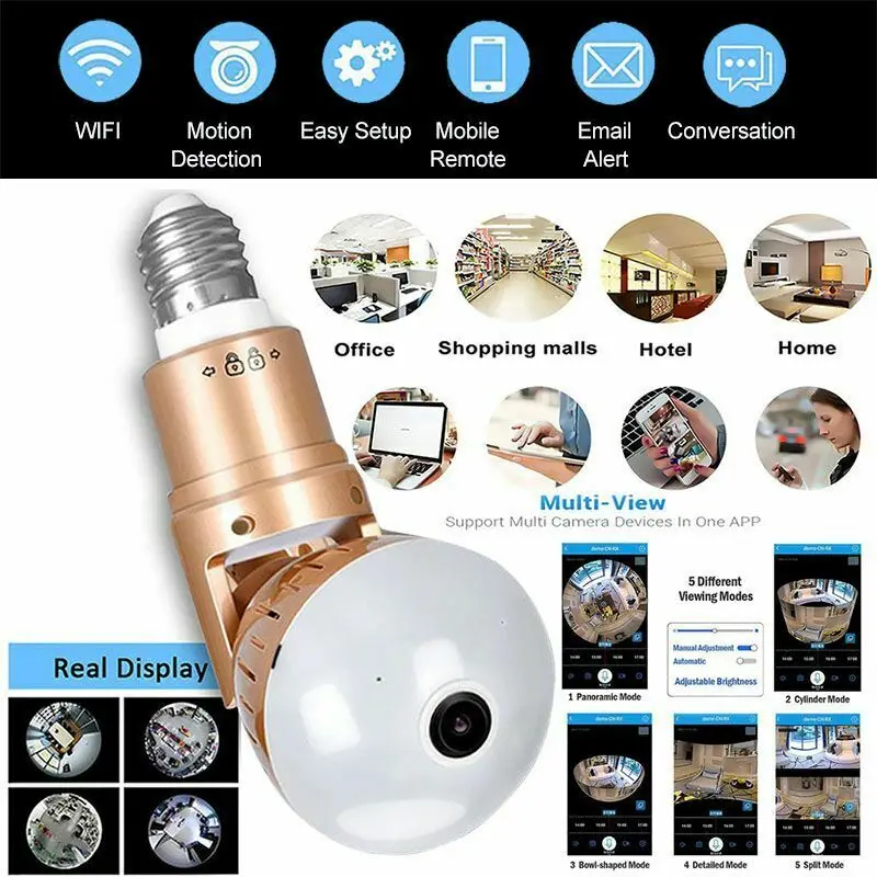 

Панорамная IP-камера, 1080P HD, Wi-Fi, 360 дюйма, двусторонняя аудиокамера, лампочсветильник E27, инфракрасная мини-камера ночного видения, CCTV