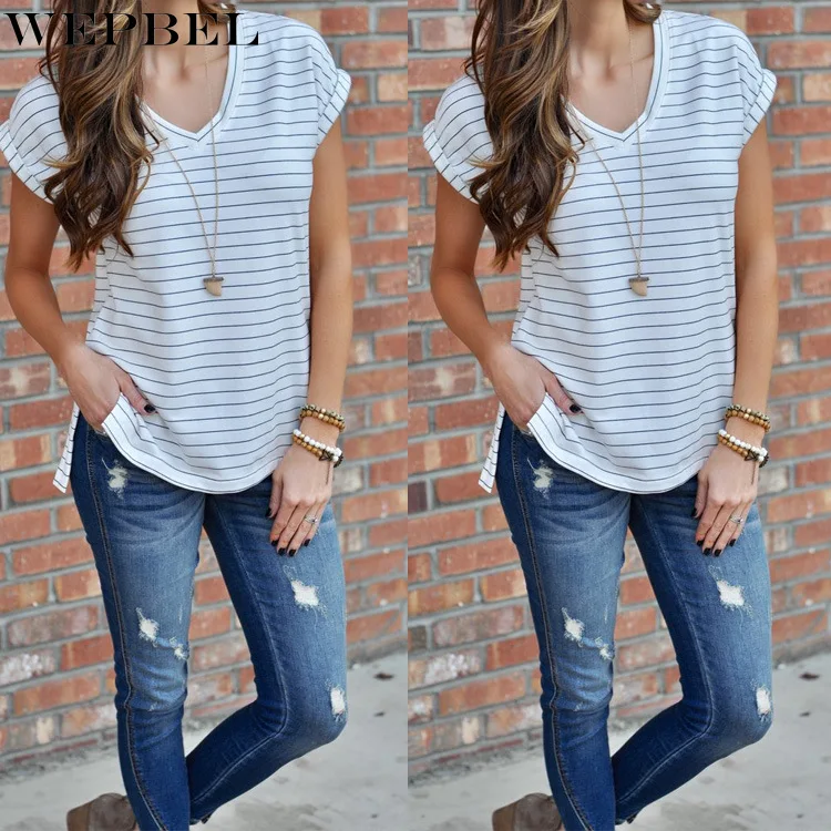 

WEPBEL Summer Casual Short Sleeve V-neck Split Pullover T-shirt Women's Fashion Slim Fit Striped T-shirt Top