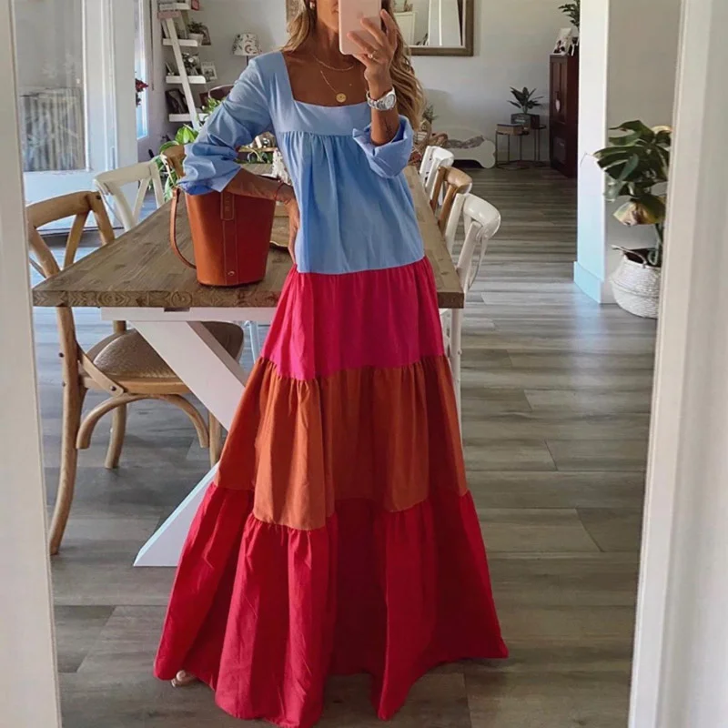

Women Vintage Long Sleeve Patchwork Pleated Dresses Ladies Sexy Slash Neck Loose Party Dress Autumn Casual Female Dress Vestidos