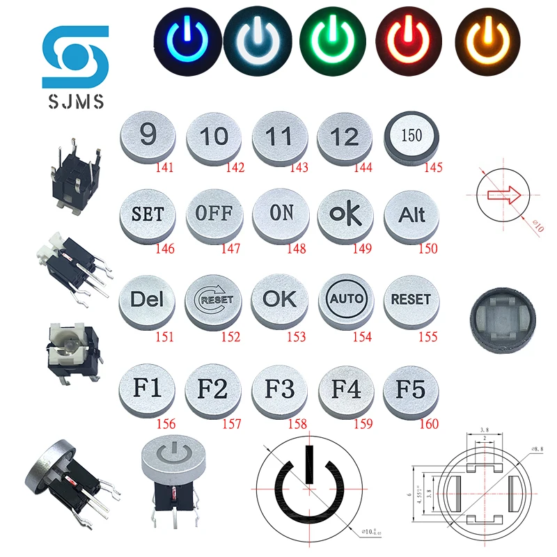 

SJMS 5Pcs 6*6*9.5mm 6PIN DIP With Lamp Through Hole Micro Push Button Switch SET OFF ON OK Alt Del Reset AUTO F1-F6 0-9 Symbol