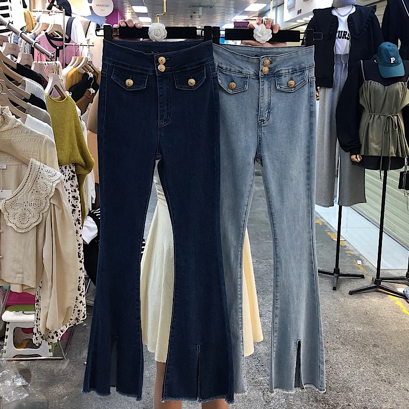 

Vintage High Waist Elastic Slim Jeans Woman Split Flare Women Pants 2021 Autumn Streetwear Denim Trousers
