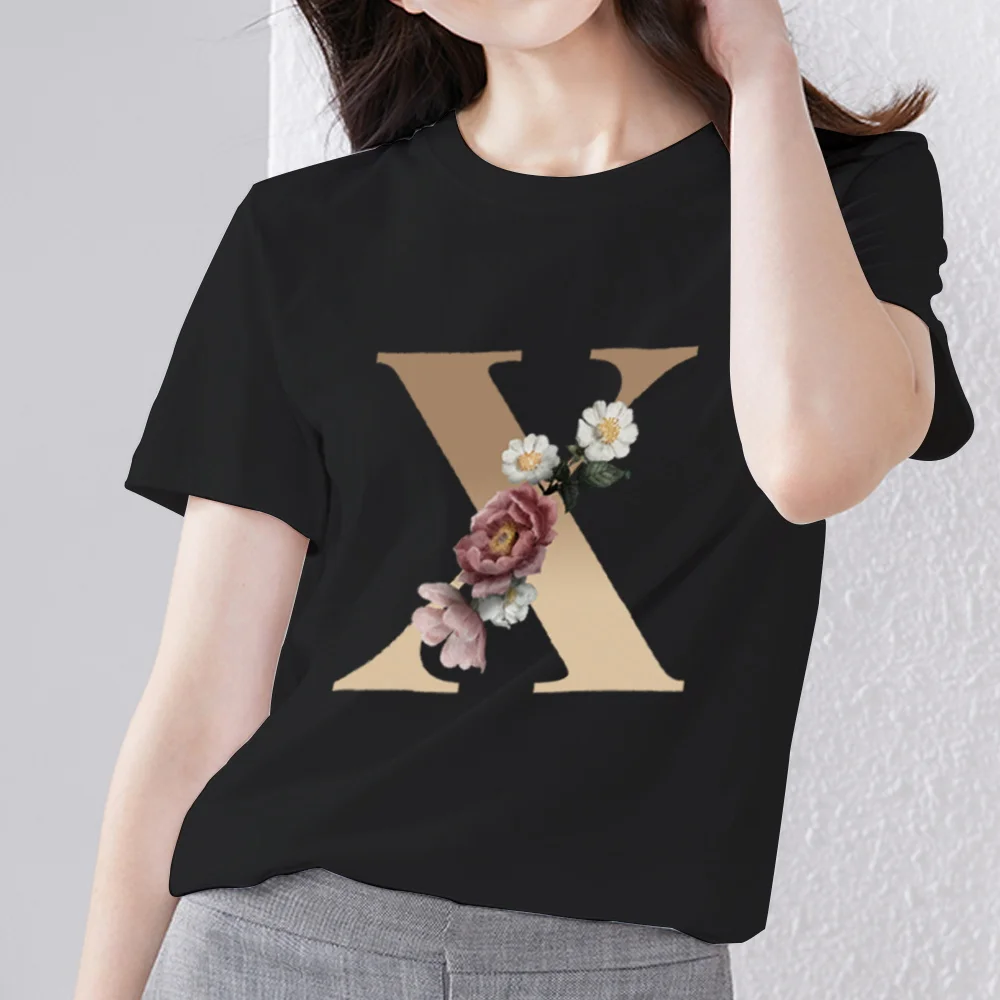 Женская Повседневная футболка с буквенным принтом черная простая блузка - Фото №1