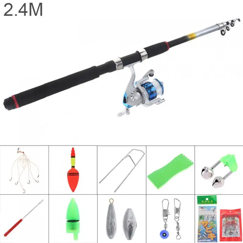 

2.4m Fishing Rod Reel Line Combo Full Kits 3000 Series Spinning Reel Pole Set with Fishing Float Hooks Beads Bell Weight Etc