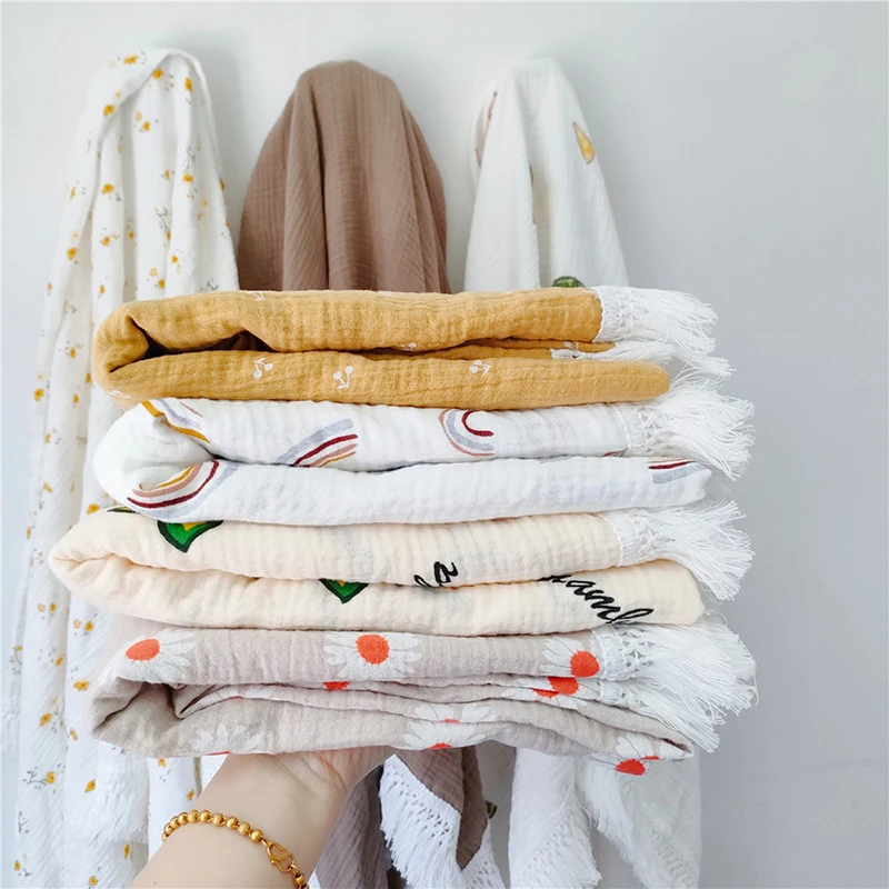 Детские одеяла из 100% хлопка для новорожденных мальчиков и девочек, муслиновые пеленки, одеяла с цветочным принтом, постельное белье