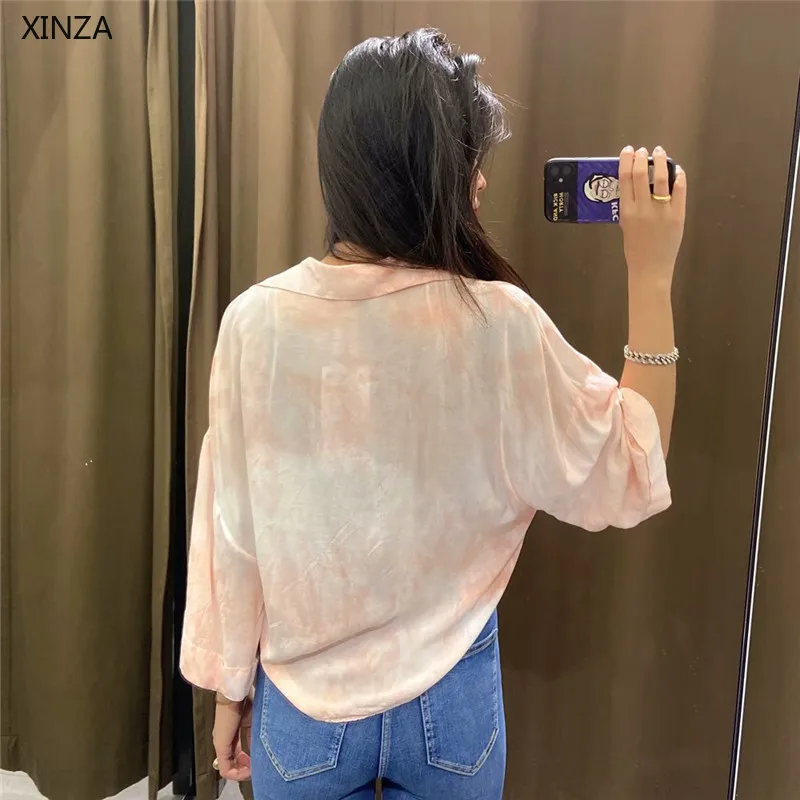 

2021 Za Women Tie Dye Knot Shirt Vintage Long Sleeve Irregular Pink Summer Shirts Woman Fashion Button Up Casual Blouse Top