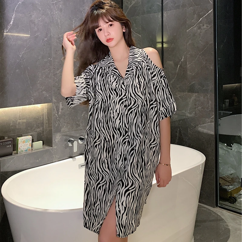 

2021 Summer Nightgowns Women Girls Sleep Shirts Leakage Shoulder Strap Sexy Zebra Loose Homewear Korean Style Casual Trendy