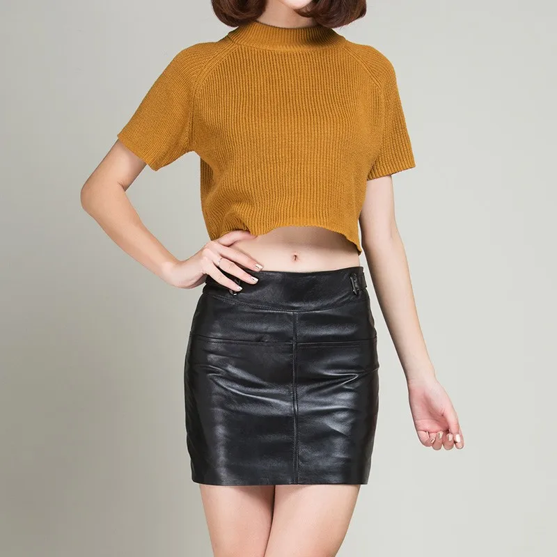 

2021 New Pink Black Yellow Short Pencil Skirts Real Leather Fashion Summer Office Lady Sheepskin Sexy Mini Skirt High Quality
