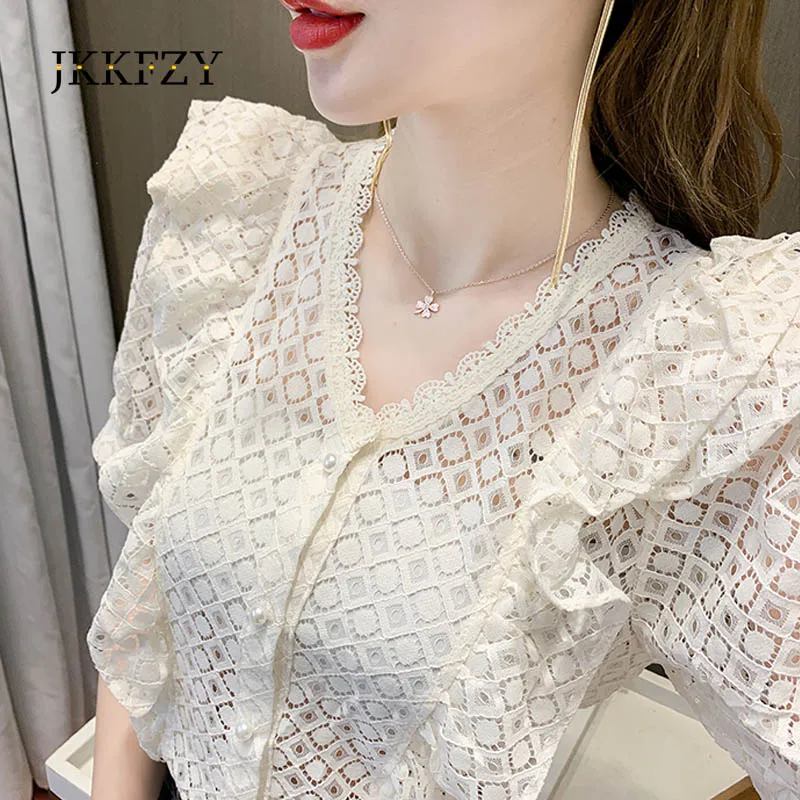 

Blue Puff Sleeve V Neck Top Summer Women's Lace Short-Sleeved Shirt Design A Versatile Ruffled Fashion Blouses