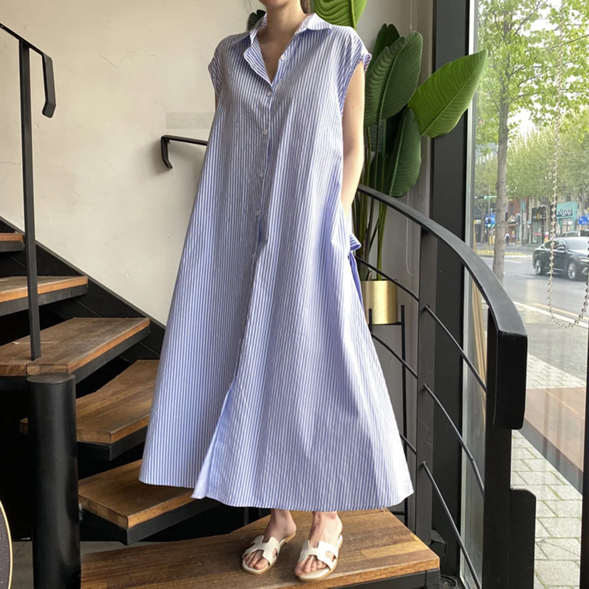 

2021 Spring Summer Women Shirt Dress Pure Color Turn-Down Collar Sleeveless Single-Breasted Lace Up Midi Dress Oversize Vestidos