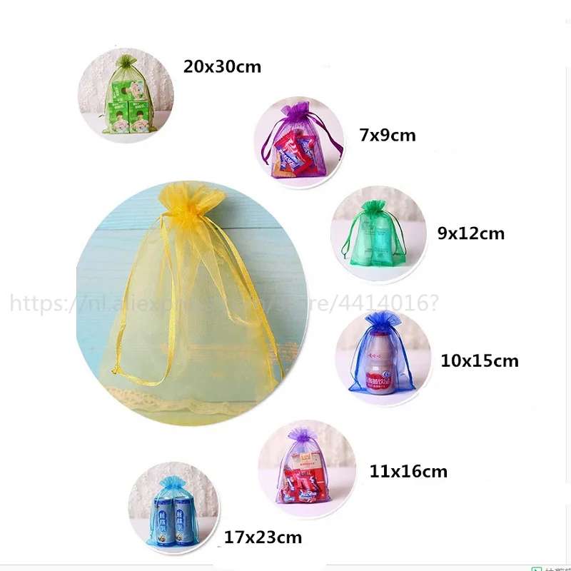 100 шт ювелирные сумки упаковка Organza Сумки Из Органзы 7x9 9x12 10x15 13x18 17x23 см подарочные сумки Саше органза свадебное Причастие Декор