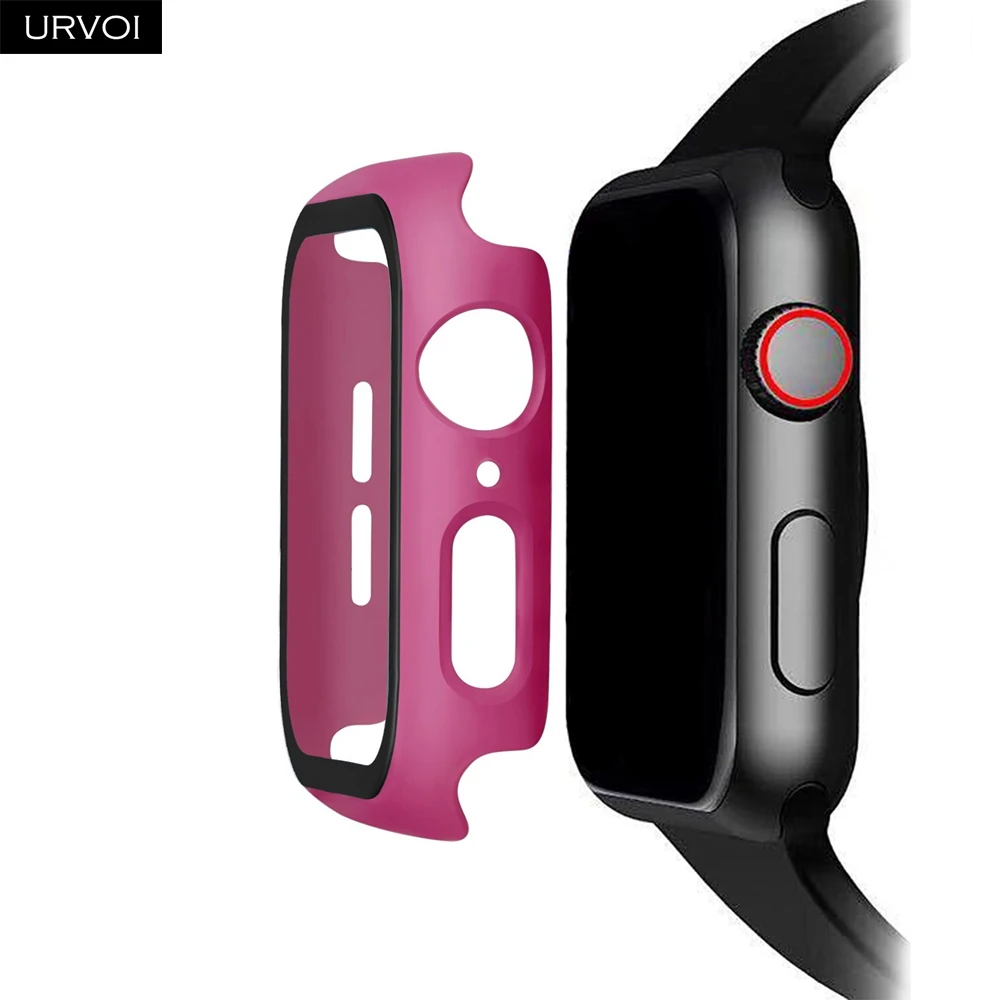 Hot Pink URVOI полное покрытие для Apple Watch series 5 4 3 2 Чехол 40 44 м матовый пластиковый бампер с закаленным стеклом для iWatch Pine Green band - Цвет: Hot Pink