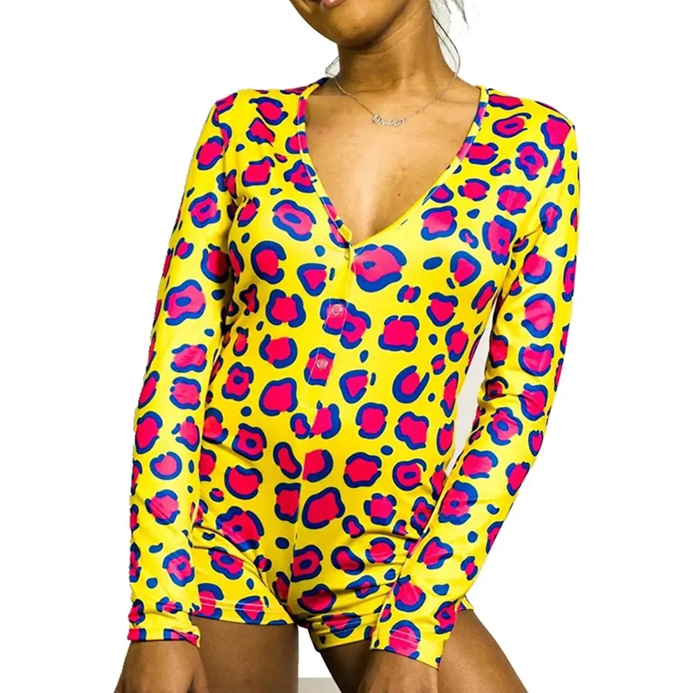 

Women's Long Sleeve Jumpsuit Sexy Slim Fit Printed Romper Button Type Tight Clothes Deep V-neck T-shirt Short Siamese Trousers