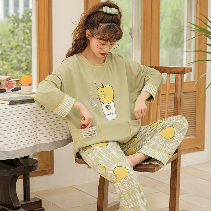 Spring Autumn New Pajamas Women's Nightgown & Sleepstirts Plaid Comfortable Home Wear Loose 2Pcs Suit Sleepwear Full Length