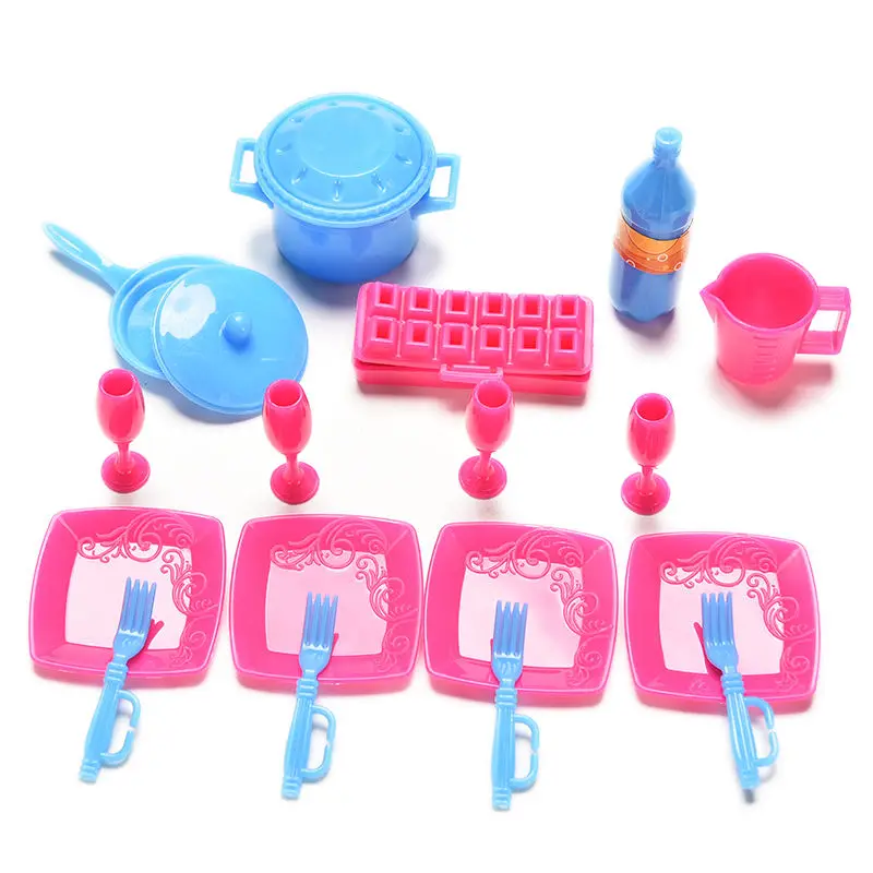 

New 18 Pcs/set Mini Kitchen tableware Plastic Simulation pots and pans dishes glasses cutlery for doll Random Color