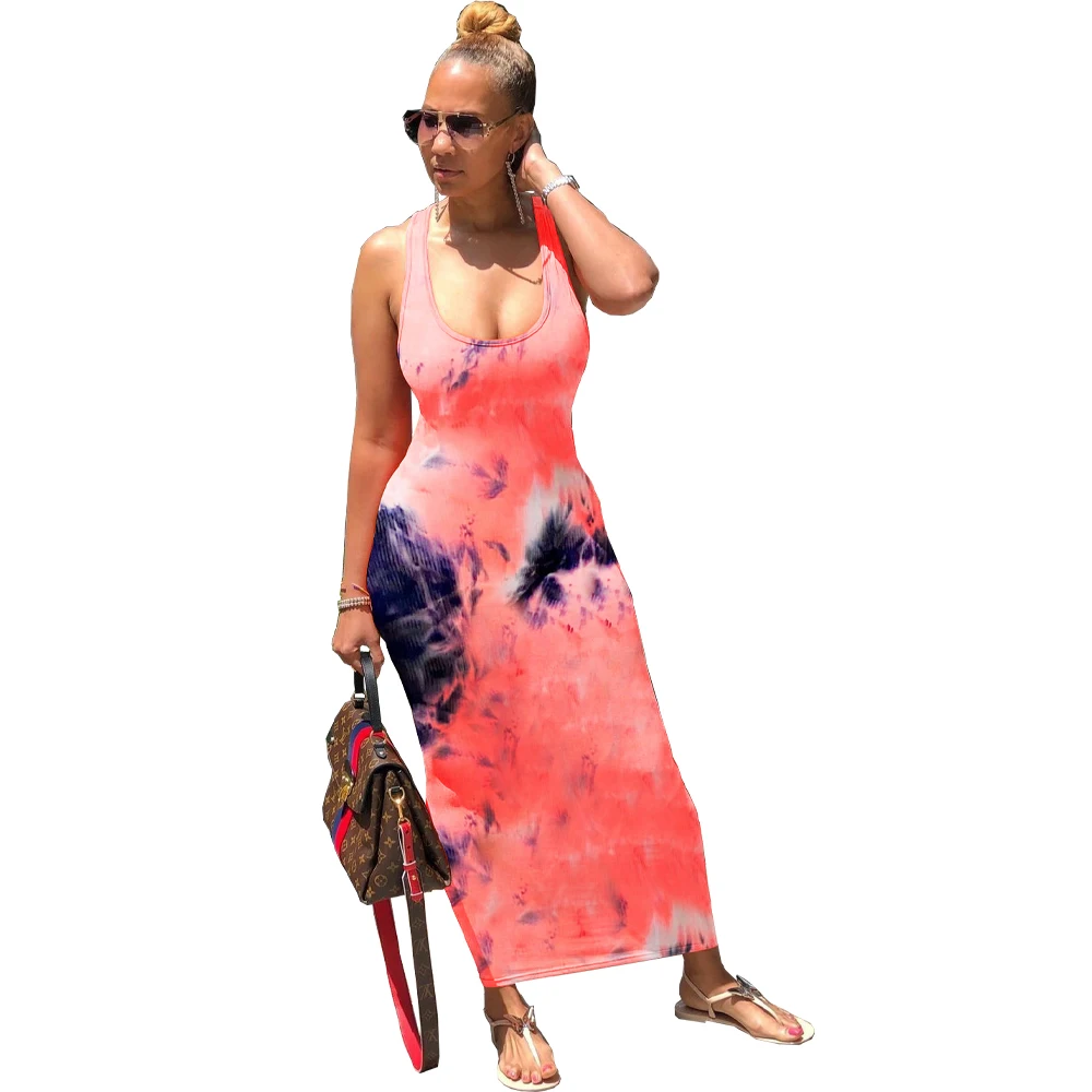 2020 Women Summer Tie Dye Galaxy Print Cross Open Back Sexy Sleeveless Tank Maxi Dress Beach Casual Slim Pencil Long Dresses | Женская