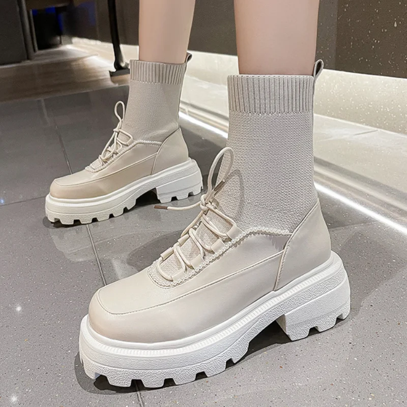 

Brand Design Women's Boots Fashion Retro Square Toe Women Shoes Pu Leather Knitted Lace Up Sock Boots Platform Ladies Shoes 2021