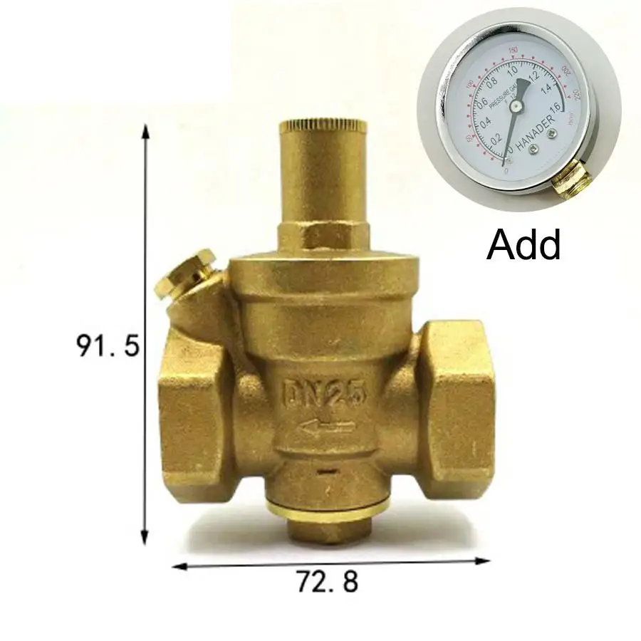 

DN25 1" BSPP Female Brass Pressure Relief Vavle Safety Adjustable Mid-Body Width 72.8mm Max 16Bar With Pressure Gauge