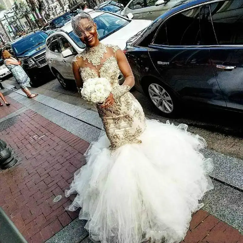 

Beads Tiers African Plus Size Mermaid Wedding Dresses Chapel Train Illusion High Neck Lace Arabic Bridal Gown Bride
