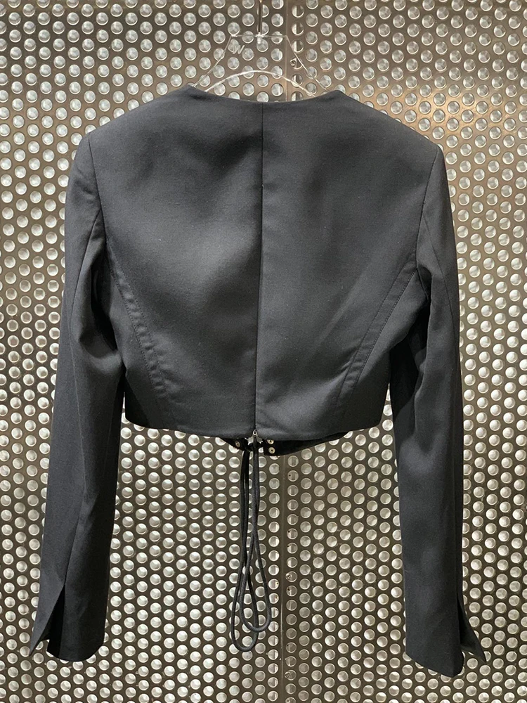 

Streetwear Black Sexy Square Collar Short Suit Cutout Cross Strap Tight-Fitting Long-Sleeved Blouse Spring 2021 Women's Clothing
