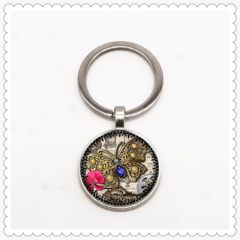 

Steampunk butterfly pattern keychain glass convex round pendant classic fashion men and women keychain gift pendant