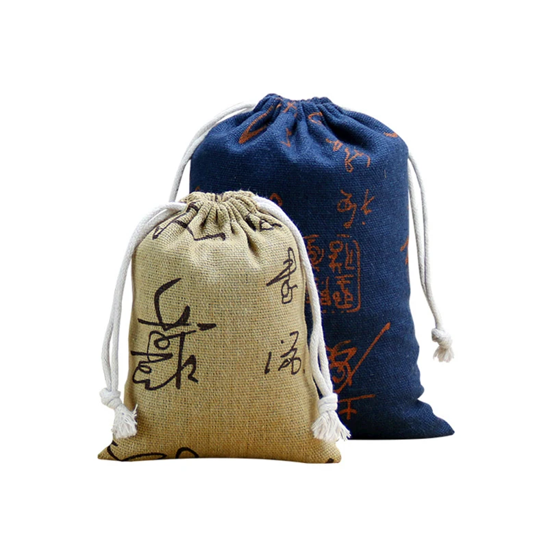 Personality Cotton Sacks Ethnic Style Calligraphy Style Drawstring Pockets Empty Bags Small Medium Large Size Home Jewelry Bags images - 6