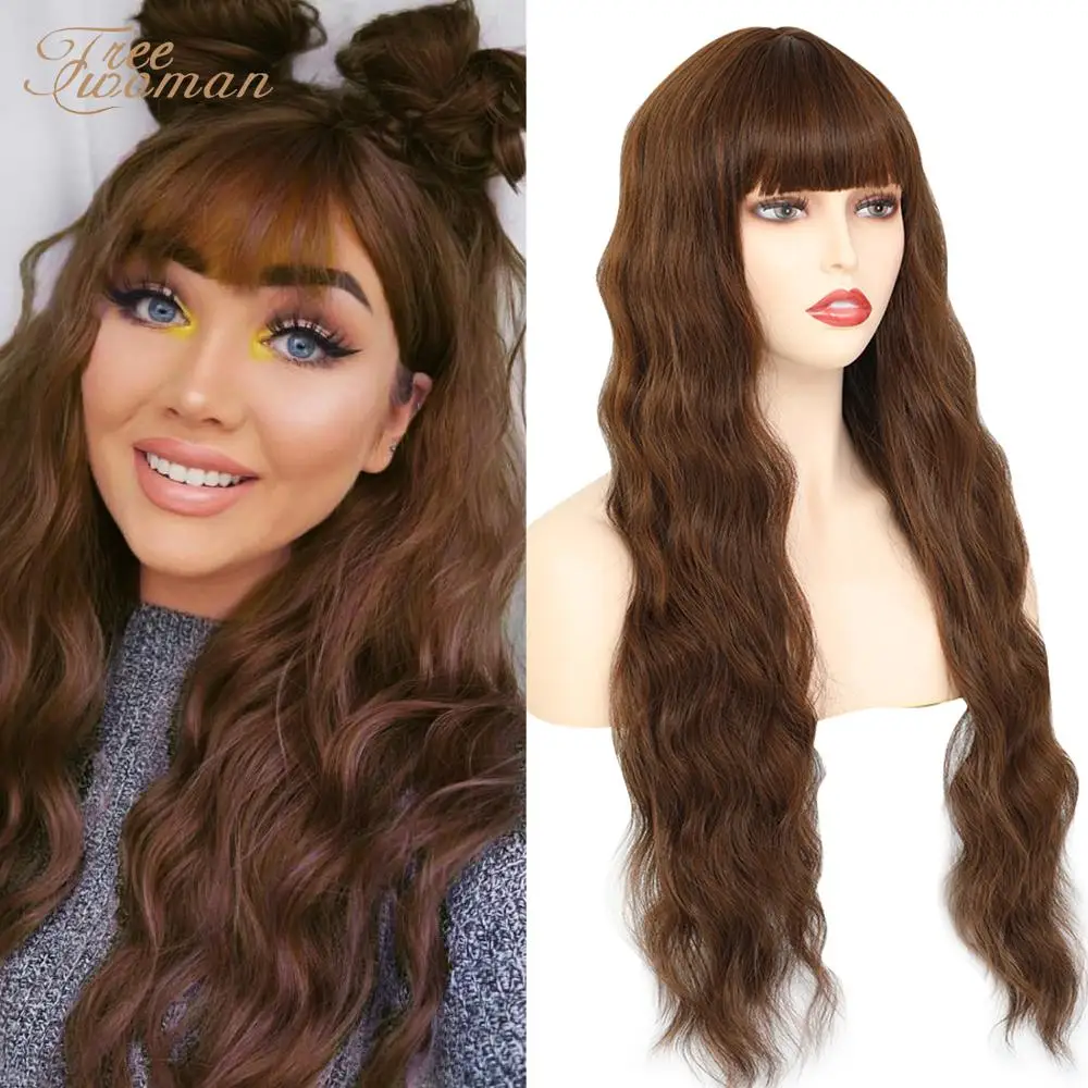 Свободный женский длинный волнистый парик из синтетических волос с челкой
