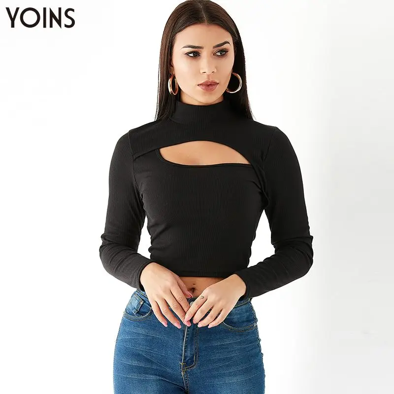 Женская трикотажная облегающая блузка YOINS с длинным рукавом и воротником стойкой