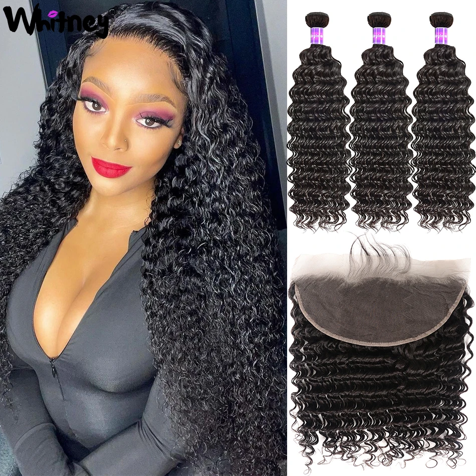 Peruvian Deep Wave Human Hair Bundles With Frontal 10A Grade Hair Deep Curly Closure With Bundle Transparent Frontal With Bundle