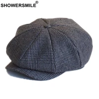wool men hat tweed plaid newsboy cap british style gatsby flat cap woolen octagonal cap autumn winter male beret