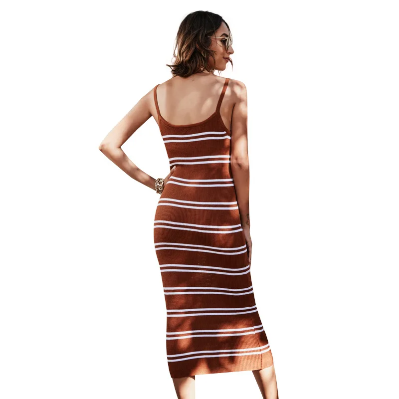 

2021 Autumn Winter New Slim Striped Sleeveless Knitted Bottoming Dress Long Womens Dresses
