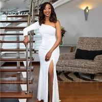 simple one shoulder white evening dress long sleeve side slit mermaid prom dresses 2020 cheap elegant long formal african dress