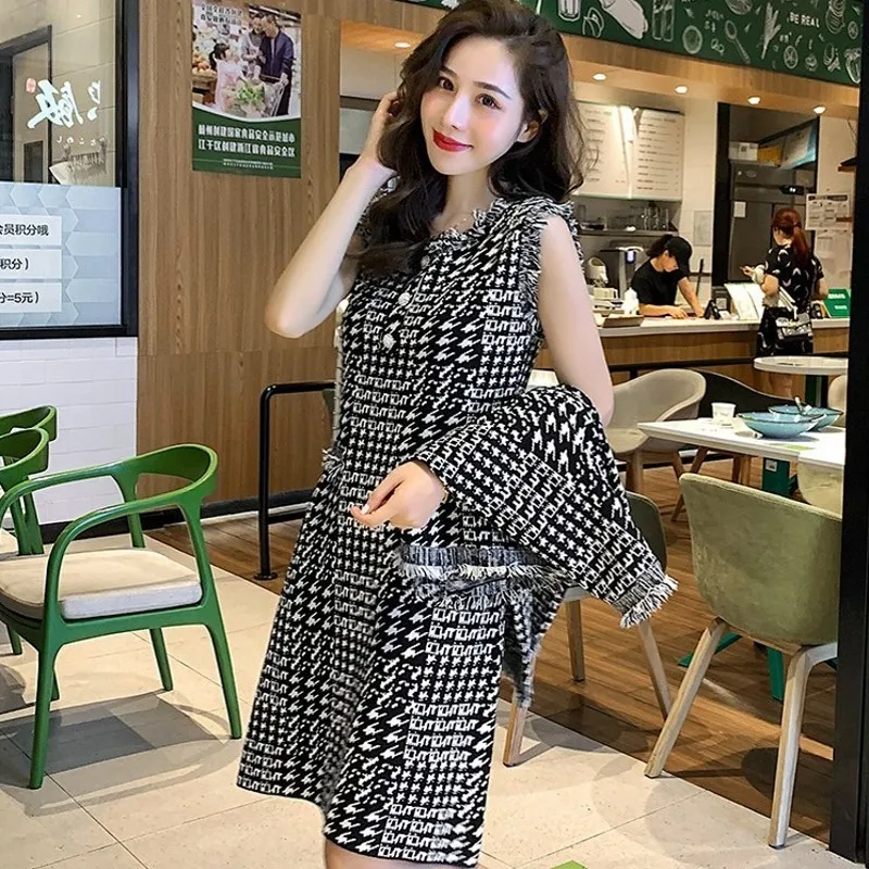 Офисная Дамская одежда размера плюс Осень Зима Твид с кисточками 2 шт наборы