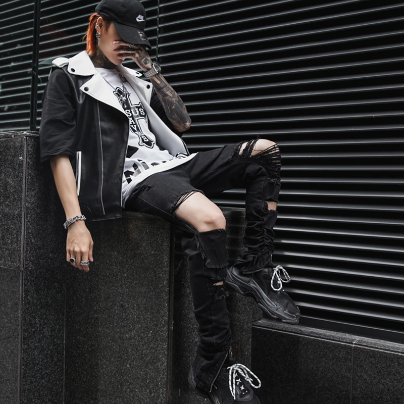 Джинсы мужские рваные в стиле хип-хоп темные потертые джинсы с полыми