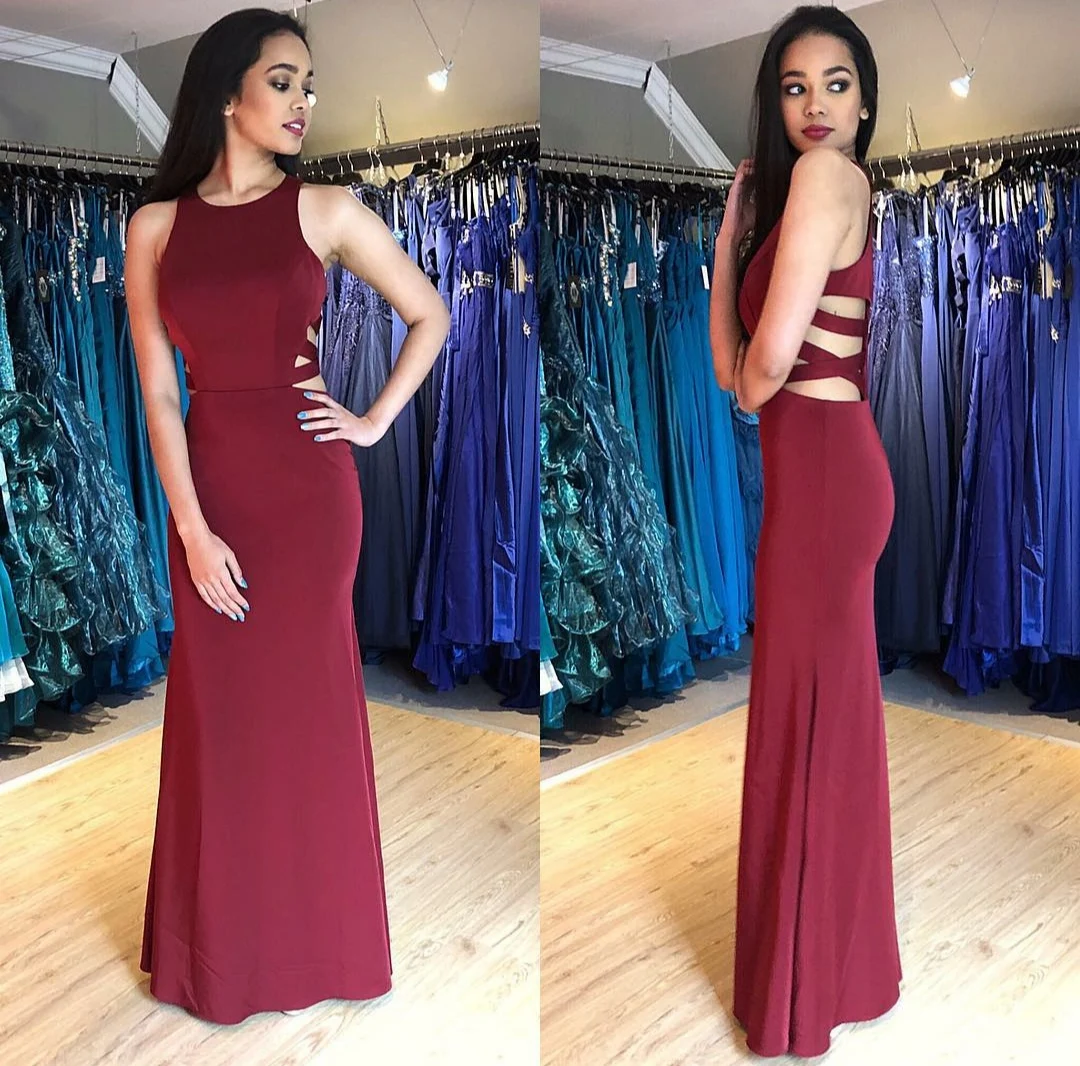 

Elegant Long O-Neck Burgundy Prom Dresses Mermaid Criss Cross Back Floor Length Robe De Soiree Formal Party Gown