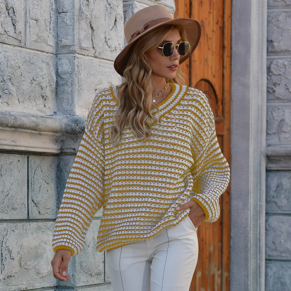 

Autumn and winter striped long-sleeved knit top V-neck loose-fitting European and American sweater women, ladies trendy clothing