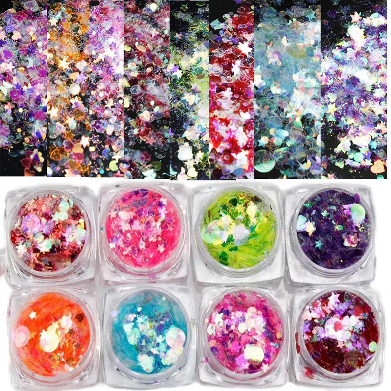

10g/Jar Holographic Star/Round/Heart Mix Nail Art Flakes Mermaid Mirror Irregular Paillette Sequins Laser Shiny Nail Flakes MD14