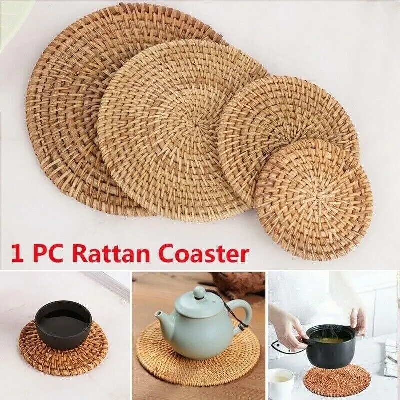 

2021 NEW Handcrafted Woven Rattan Coaster Multi-Use Heat Insulation Anti Scald Round Tea Cup Mat Pot Cushion Pad