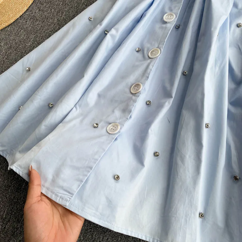 

French Sweet Dress Women Puff Sleeve V Neck Single Breasted Office Dresses Summer Casual A-line Short Dress 2021 Clothing