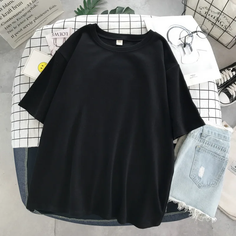 

Basic Cotton T Shirt Women Summer New Oversized Solid Tees 7 Color Casual Loose Tshirt Korean O Neck Female Tops