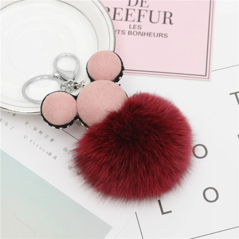 

Disney Cute Cartoon Mickey Head Moo Ball Key Chain Bag Creative Doll Keychain Toy Car Pendant Keyring Rabbit Fur Fitness