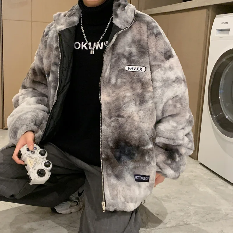 Men's Fashion Tie-dye Imitation Lamb Wool Coat Winter Warmth Cotton Coat Plus Velvet Thickening Tide Brand Winter Jacket