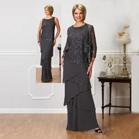 new arrival elegant gray chiffon lace o neck mother of the bride dresses with removable jacket wedding party gowns tier skirt
