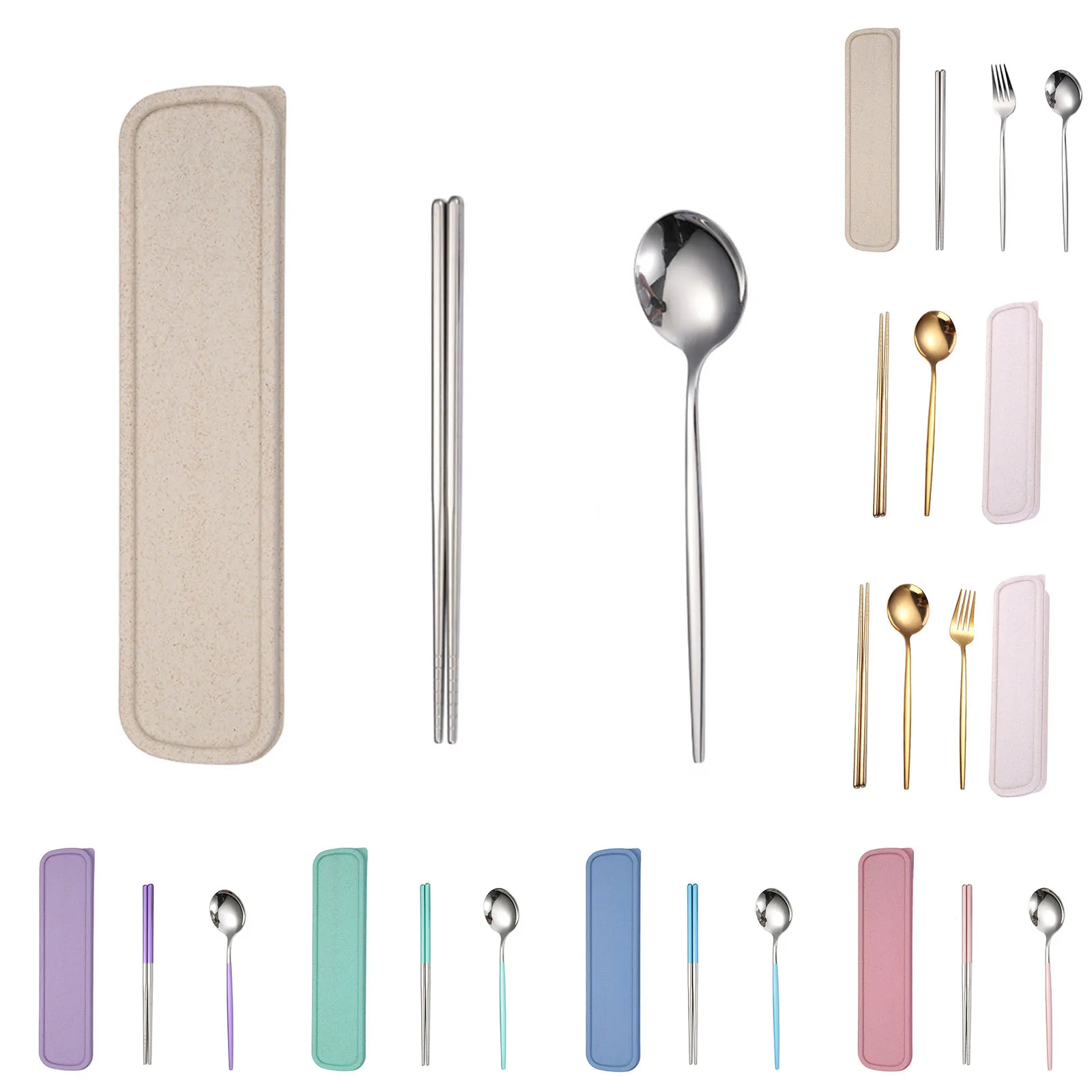 

3Piece Stainless Steel Portable Tableware Set Portugal Creative Student Outdoor Portable Spoon Chopsticks Set Reusable Tableware
