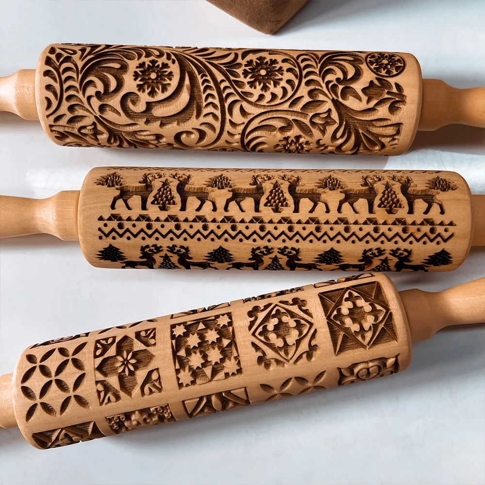 Christmas Pattern Rolling pin Wooden Embossing Biscuit Fondant Baking Tools Reindeer Dough Engraved Roller Trees Socks Bells | Дом и сад