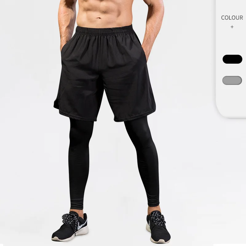 

Men's Tights Sports Pants Fake Two-piece Fitness Exercise Running Training Shorts Elastic Quick-drying Pants 7010