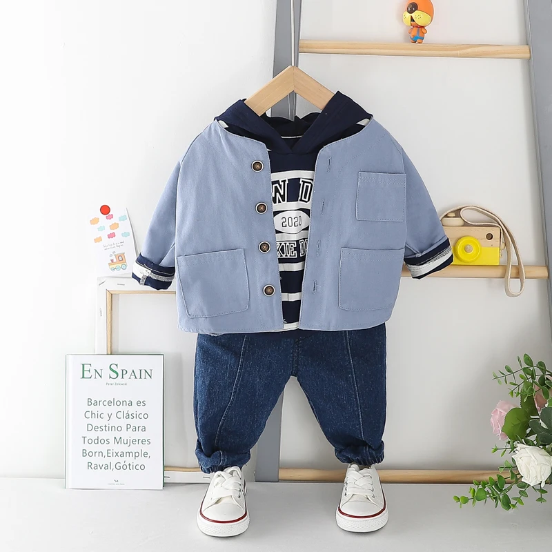 HYLKIDHUOSE Toddler Infant Clothing Sets 2020 Spring Baby Boys Casual Clothes Stripe Hooded T Shirt Coats Jeans 3-piece Set |