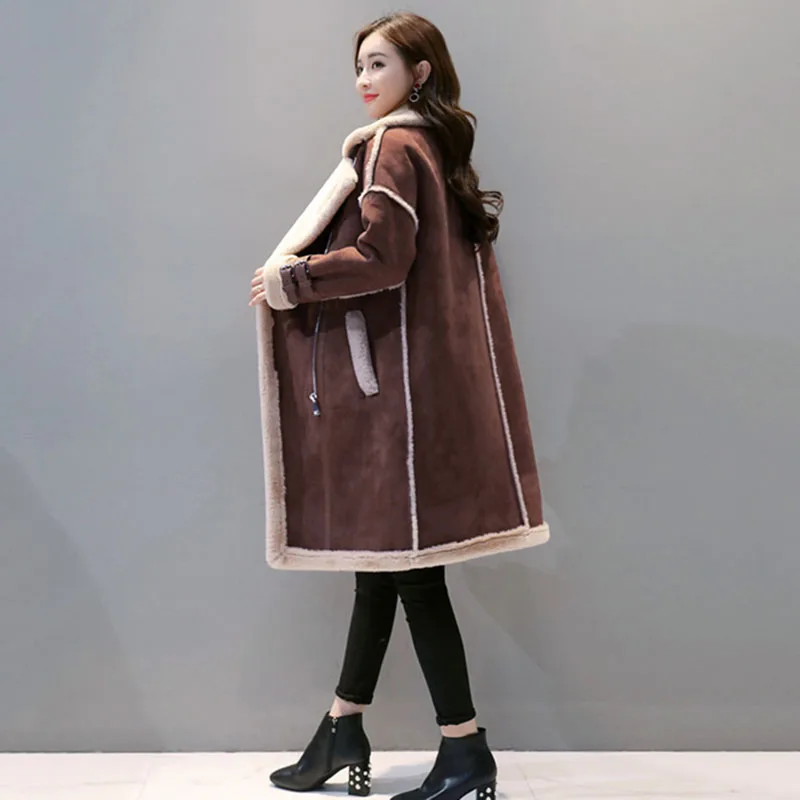 Новая зимняя женская замшевая куртка с искусственным мехом из искусственной оленины, длинная куртка из шерсти, толстая парка из искусственного ягненка OK409.