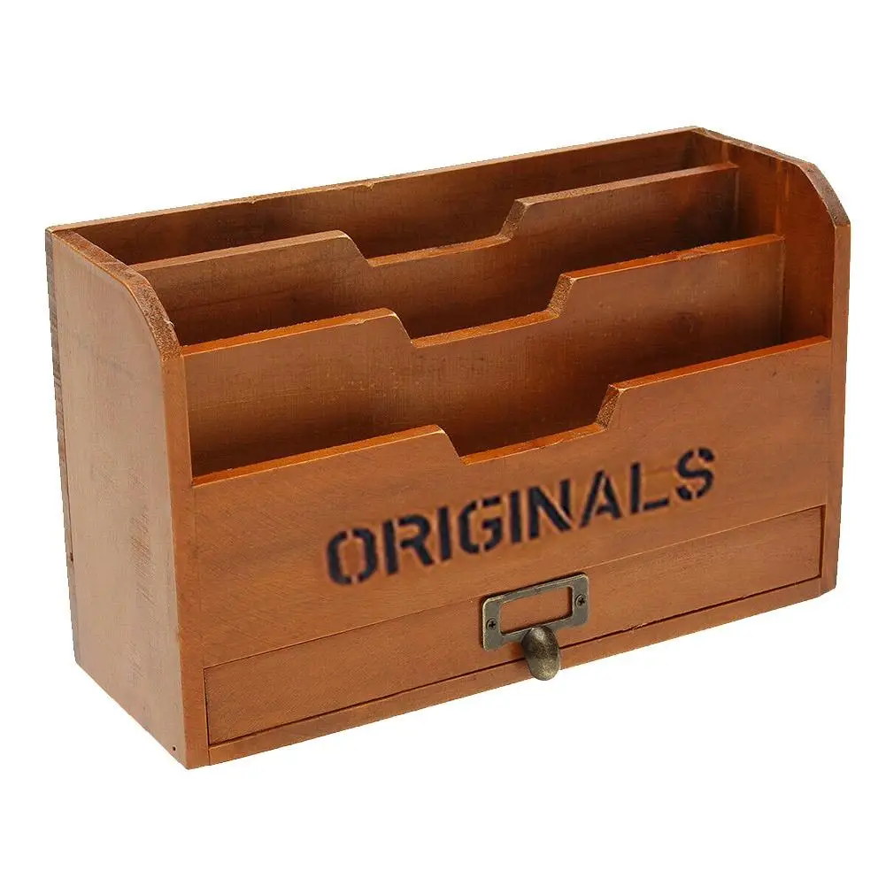 

Hot Wooden Office Document Letter Rack Storage Holder Grid Card Desktop Wall Mounted Desktop Organize Remote Control Storage Box