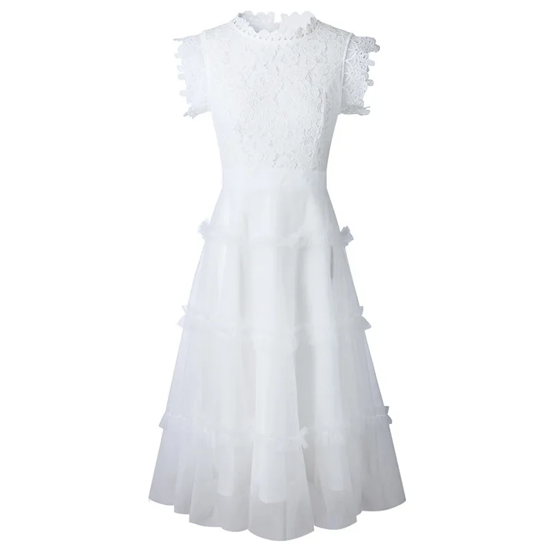 

New Formal Dress For Lady White Multi-layer Short Sleeve Long Lace Women Evening Dress Sweet Brand Female Clothing