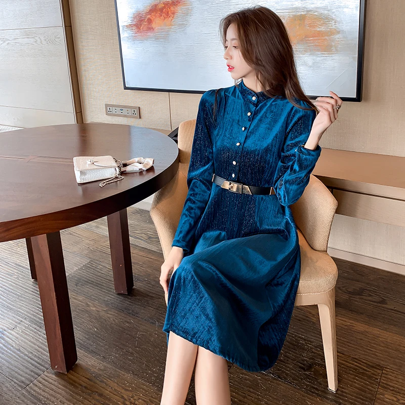 

Newest Dresses Women Long Sleeve Velvet Dress High Waist Sashes A-line Dresses Black Single-breasted Annual Party Vestidos